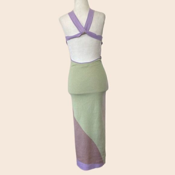 Lavender and Mint Colorblock Retro Knit Midi Halter Dress Size 0 NWT - Picture 3 of 11